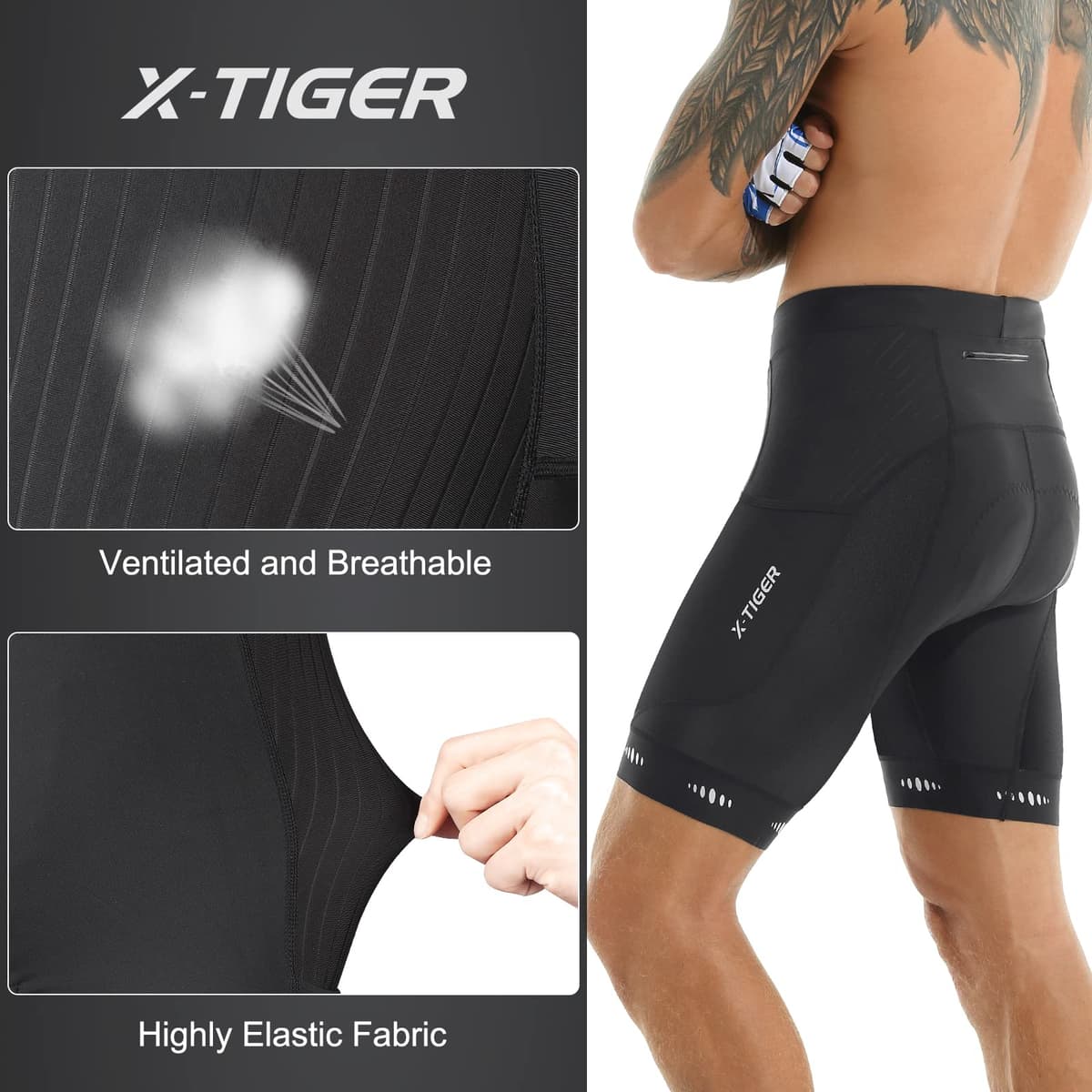 X-TIGER Culotte Ciclismo Hombre con 5D Gel Acolchado MTB Ciclismo Pantalones Cortos Transpirable Secado Rápido con 3 Bolsillos — view 4