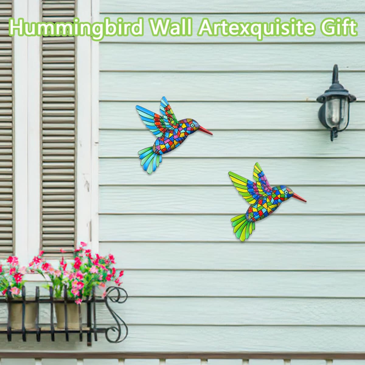Weysoo 2 Pcs Metal Hummingbird Garden Ornaments Outdoor,Wrought Iron Colorful Hummingbird Wall Decor for Outside Garden Patio Fence Home Bedroom Hanging Decoration — view 6