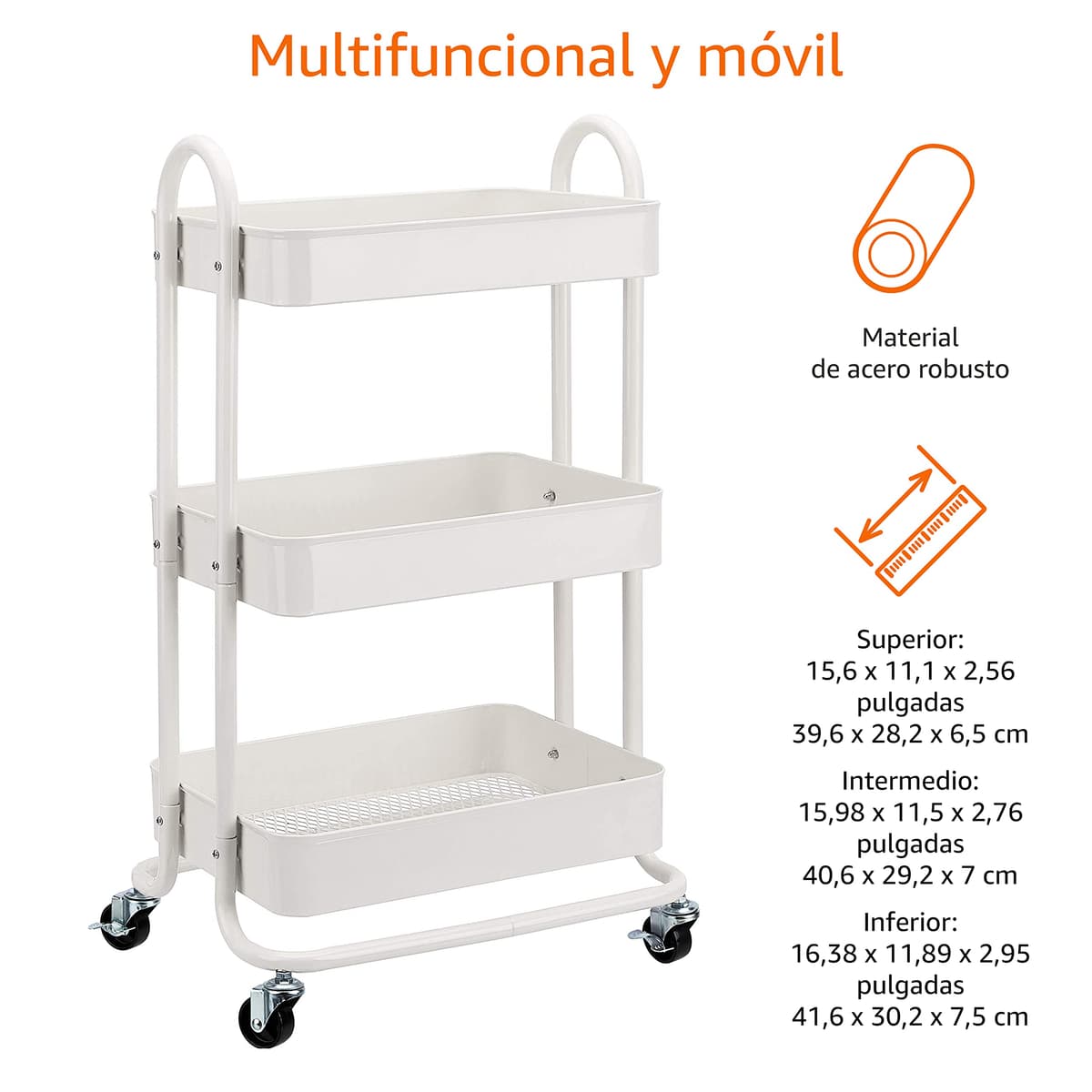 Amazon Basics Carrito de cocina o multiuso de tres niveles con ruedas en blanco — view 4