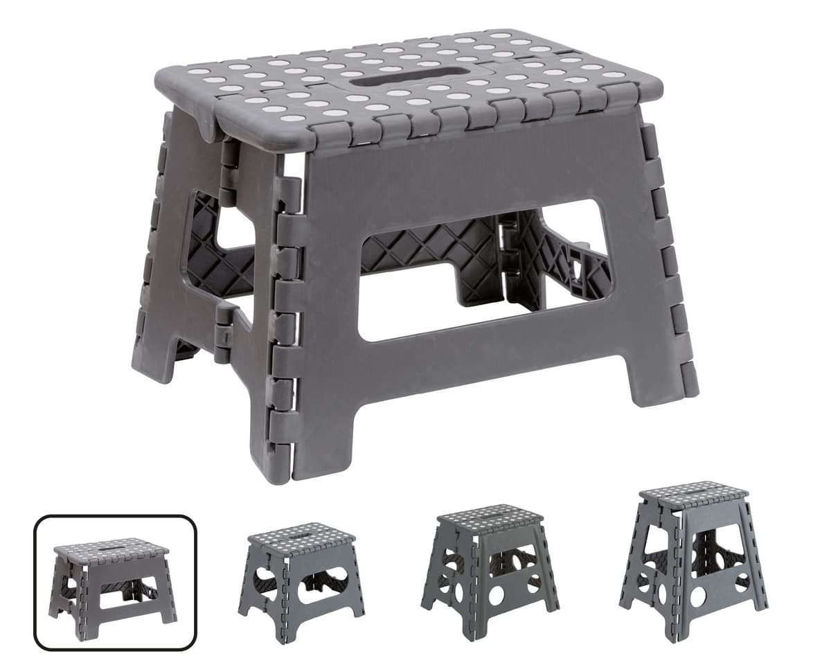 ARREGUI TB-022-G Taburete Plegable Cocina o Baño | Escalera Plegable Pequeña | Taburete Infantil | Banqueta Baño | Escalón Plegable para Adultos y Niños (hasta 150Kg) | 22 cm de Altura | Gris