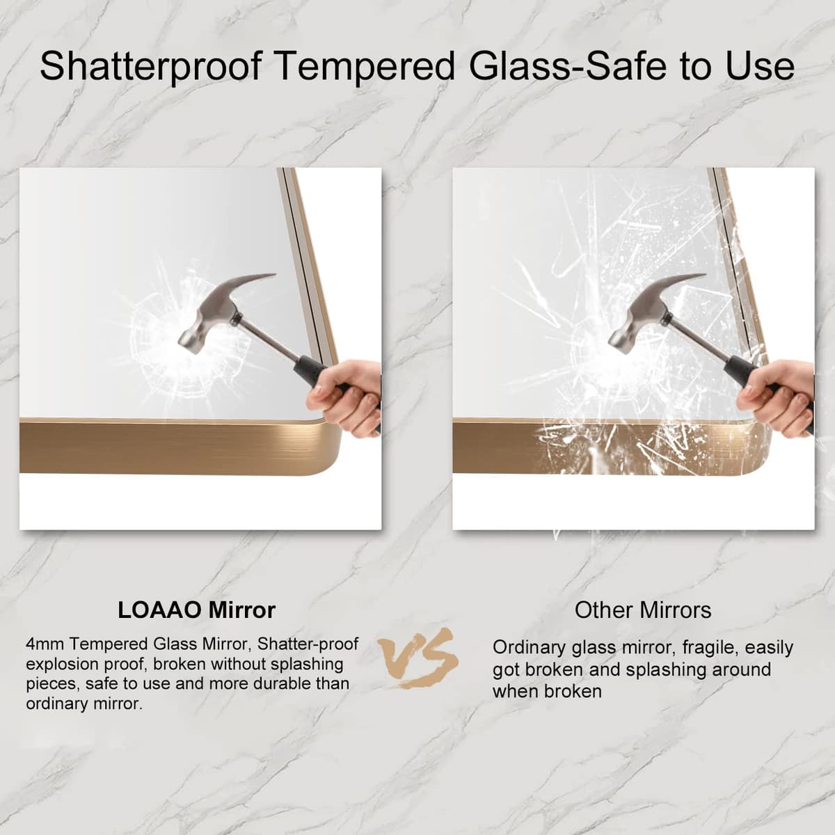 LOAAO 48”X36” Gold Bathroom Mirror, Rounded Rectangle Gold Frame Mirror, Brushed Gold Bathroom Vanity Mirror Wall-Mounted, Anti-Rust, Tempered Glass, Hangs Horizontally or Vertically — view 7