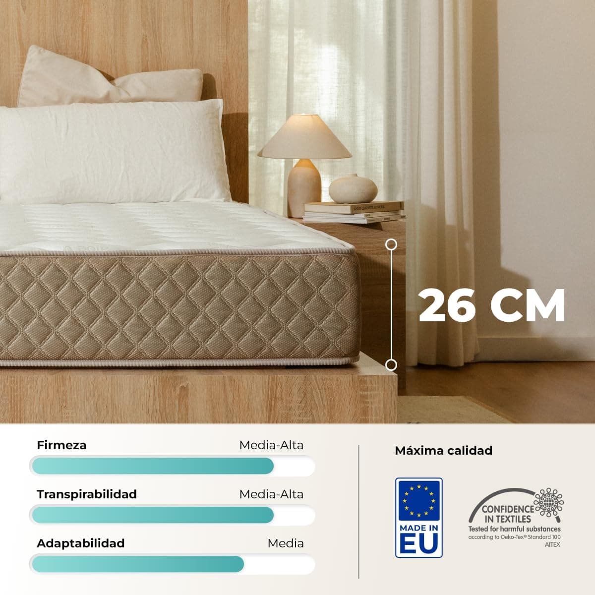 Don Descanso - Colchón 160x200 Viscoelástico Mulhacen DualSense, Altura 26cm. Multicapa con Núcleo GravityFoam, Firmeza Alta, Doble Cara Invierno/Verano, Transpirable. Fabricado en España, Beig — view 2