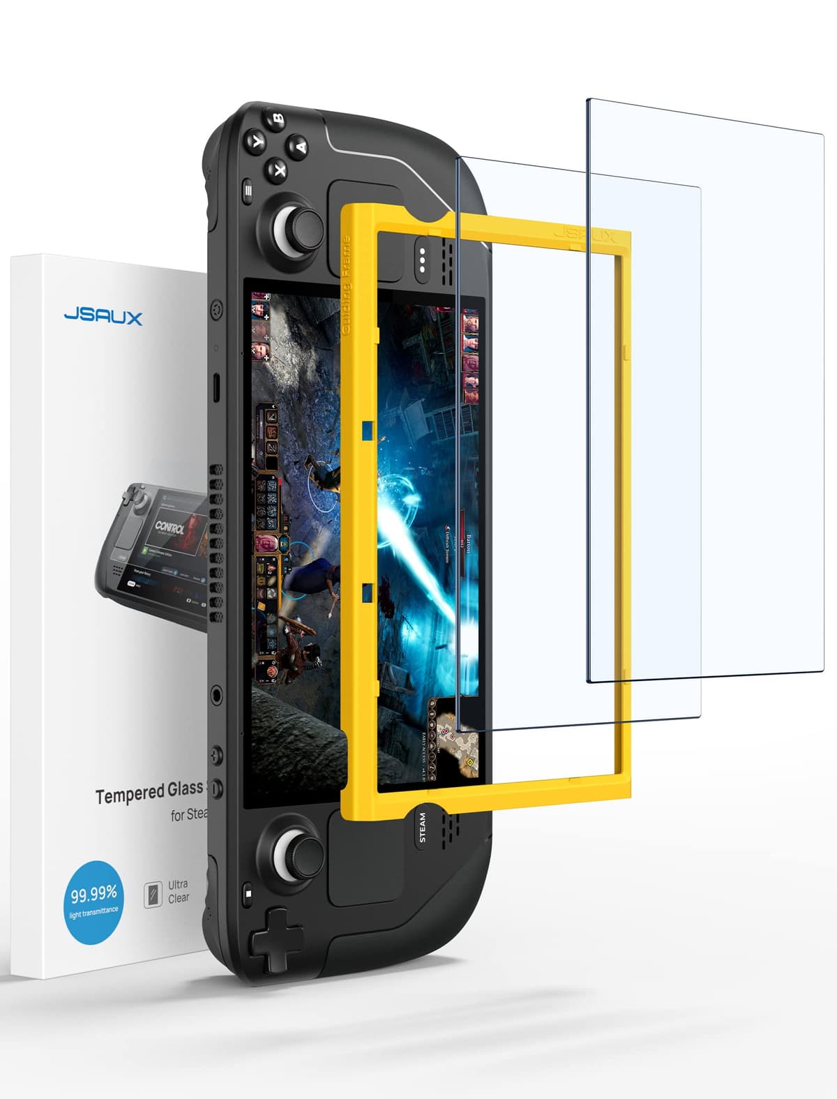 JSAUX Protector Pantalla Compatible con Steam Deck LCD & OLED [2 Piezas], Cubierta Integral de Cristal Templado Fácil de Instalar con Marco guía (Versión Mejorada)