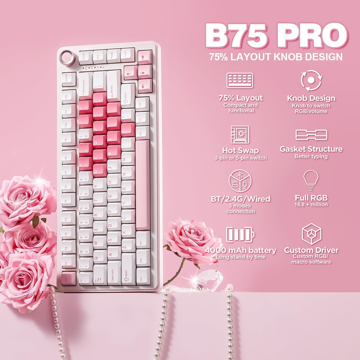 YUNZII B75 Pro Teclado Mecánico Inalámbrico,75% Teclado para Juegos Hot Swap Hot Swap Custom Teclado con Knob,Pre-lubed Switches RGB,BT/Tipo-C/2.4G Teclado (Blanco, Cocoa Cream V2 Switch) — view 2