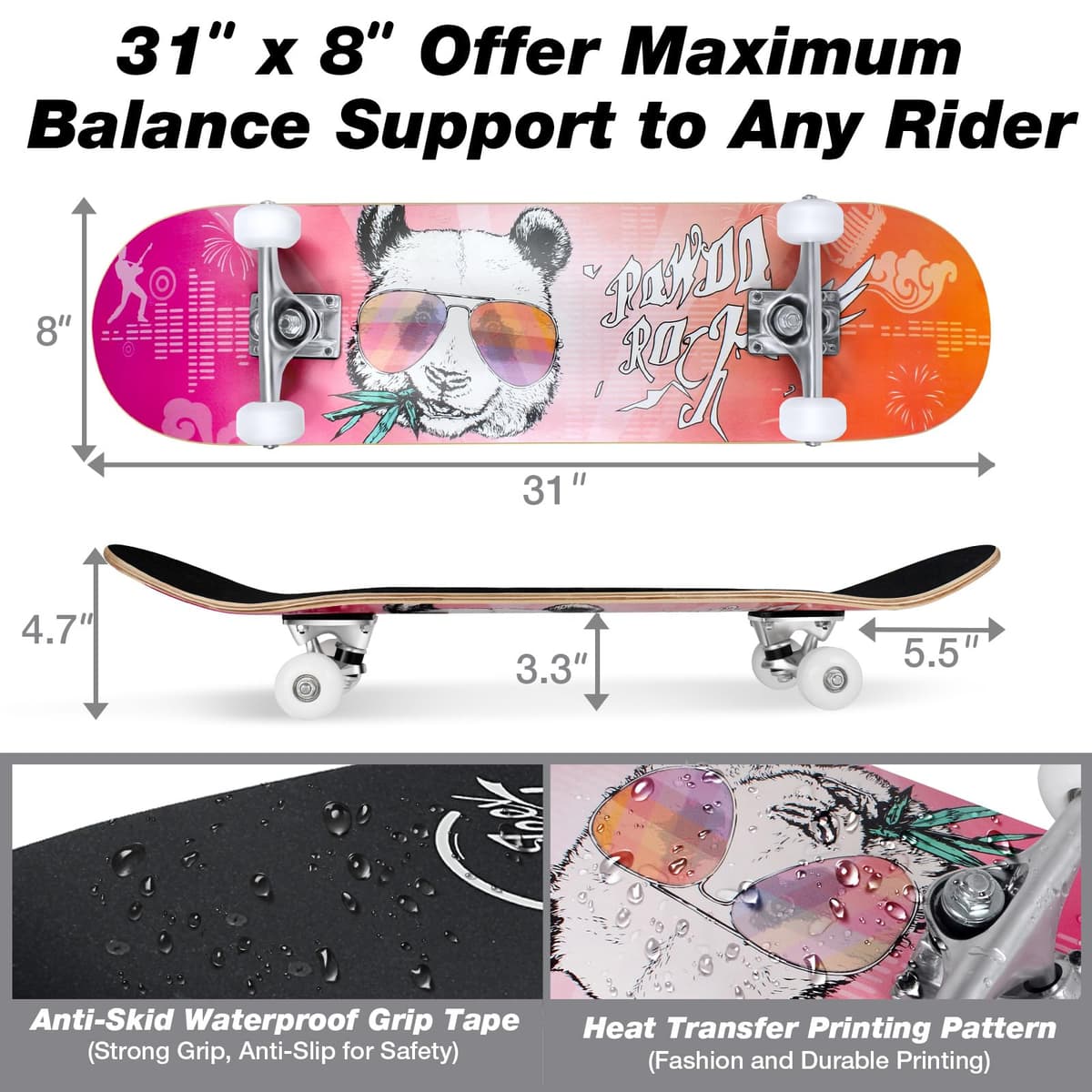 BELEEV Skateboards 31x8 para Principiantes, Niños, Adolescentes y Adultos, Completo Pro Cruiser Skateboard para Niña Niño, Arce Canadiense de 7 Capas, Doble Bandeja Cóncava, con Herramienta en T — view 5