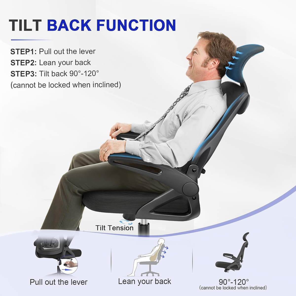 Office Chair - Ergonomic Desk Chair with Lumbar Support Headrest Adjustable, Padded Flip-up Armrests Comfy Seat Cushion High Back Executive Manager Chair For Home Office — view 5