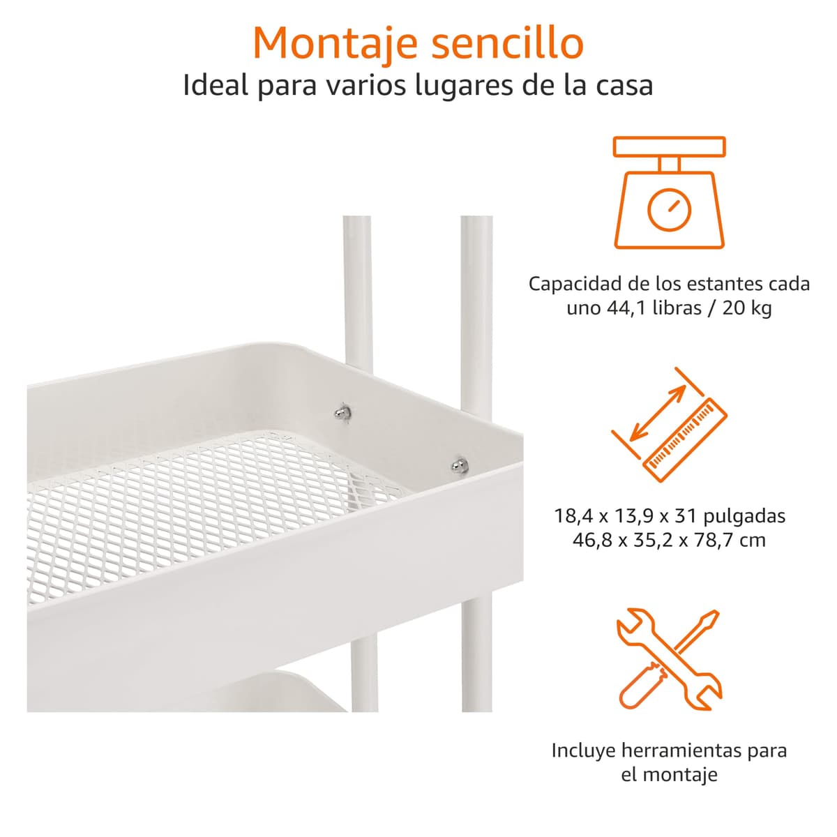 Amazon Basics Carrito de cocina o multiuso de tres niveles con ruedas en blanco — view 2