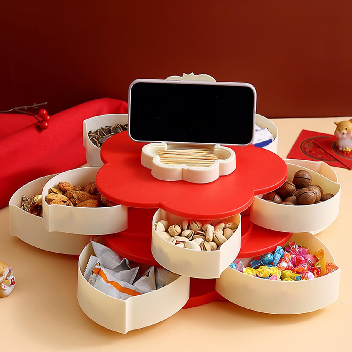 Divided Serving Tray - Petal-Shaped Rotating Food Platter, Snack Organizer for Kitchen and Dining | Serving Plate for Picnic, Party, Buffet | Rotating Tray for Brunch, Dinner Lunch Bar Home Outdoor — view 4