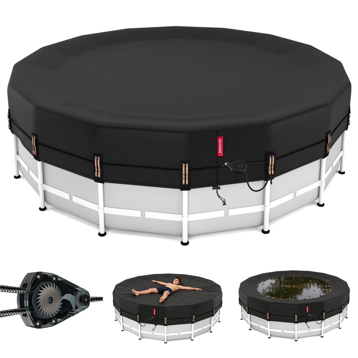 QH.HOME 12ft Round Pool Cover with Patented Quick-Release Ratchet, Solar Cover for Above Ground Pools [Durable, Tear Resistant] with Load Rings