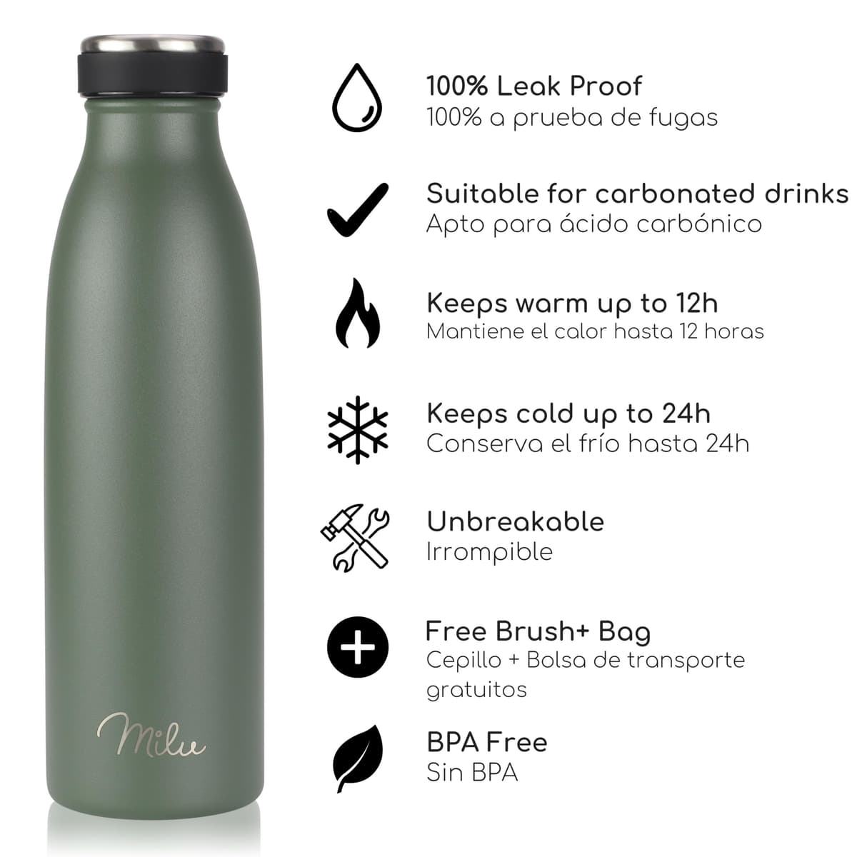 Milu Botella de acero inoxidable de 350ml 500ml 750 ml 1 L 1,5 L botella de agua aislada, termo a prueba de fugas, doble pared, apta para ácido carbónico + cepillo de limpieza (Azul Violeta, 350ml) — view 94