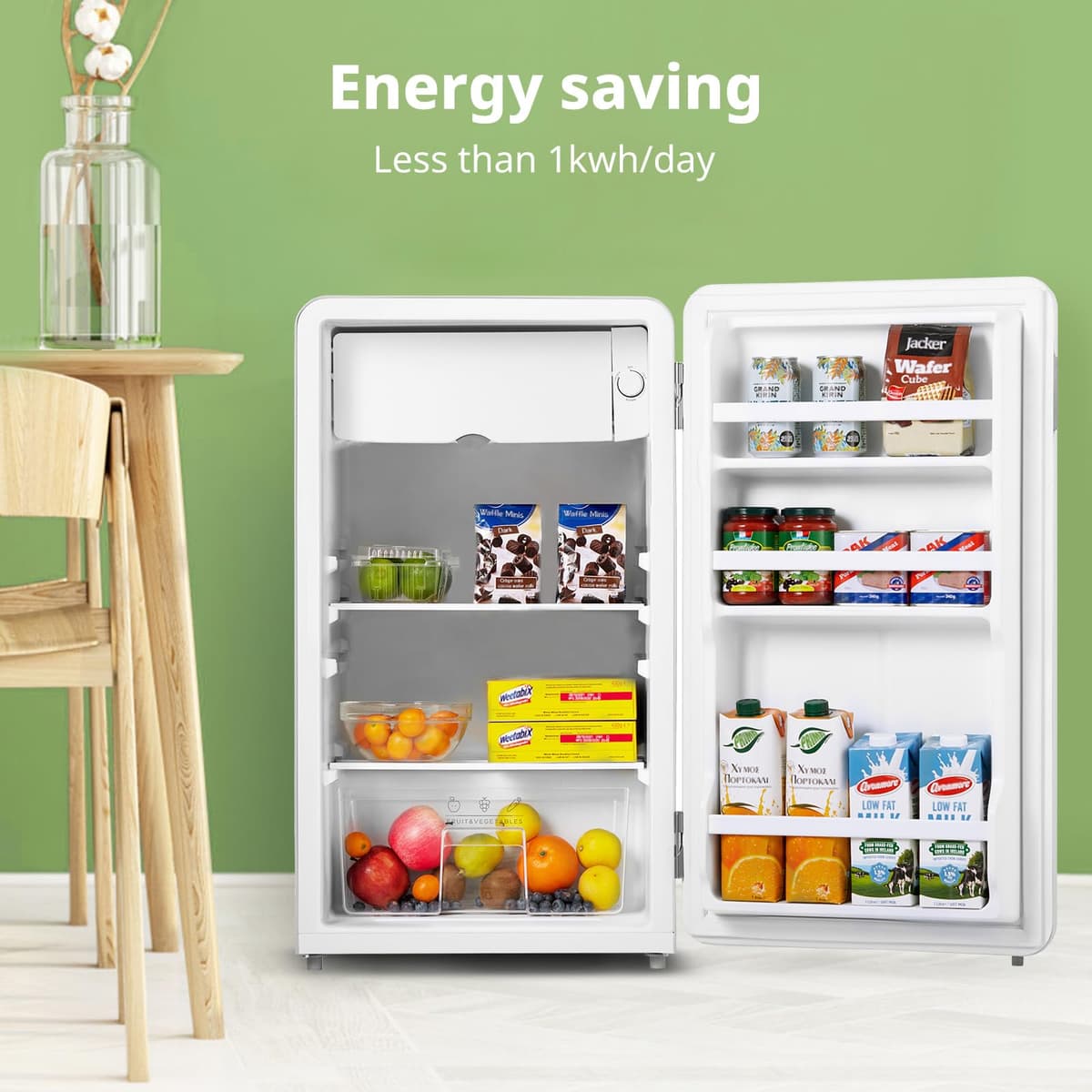 COMFEE' RCD93WH2UKRT(E) Under Counter Fridge Only, 93L Retro Freestanding Fridge with Chiller Box, Adjustable Thermostats, LED light, White — view 4