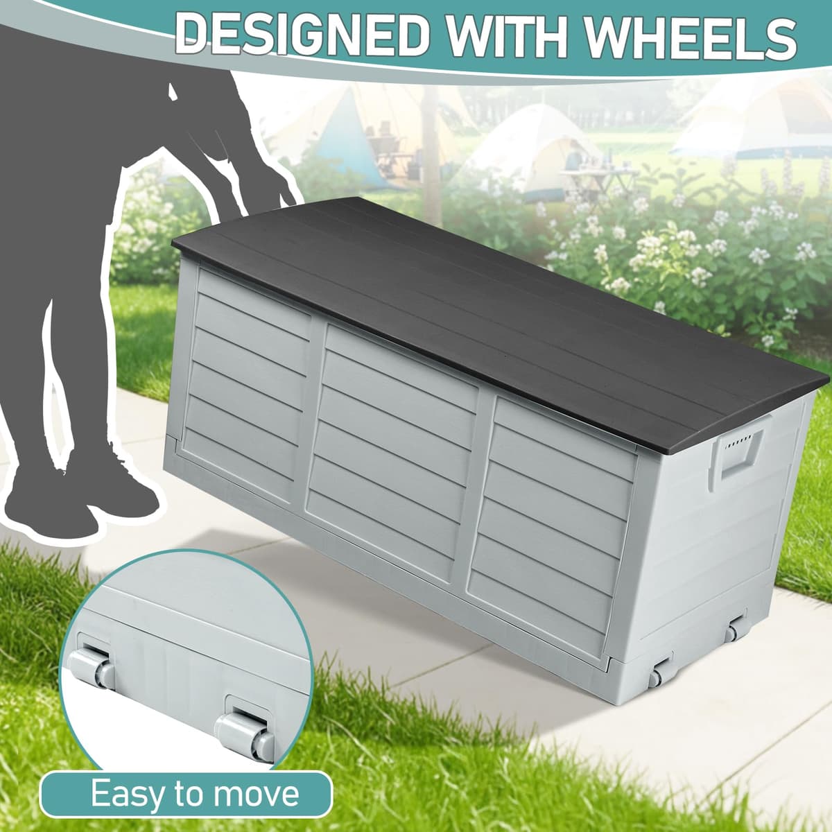 Foldable Garden Storage Box, 280L Outdoor Plastic Utility Chest Organiser with Strapped Lid, Weather Resistant, Portable, Ideal for Garden, Patio, Balcony, Decking, Grey&Black — view 5