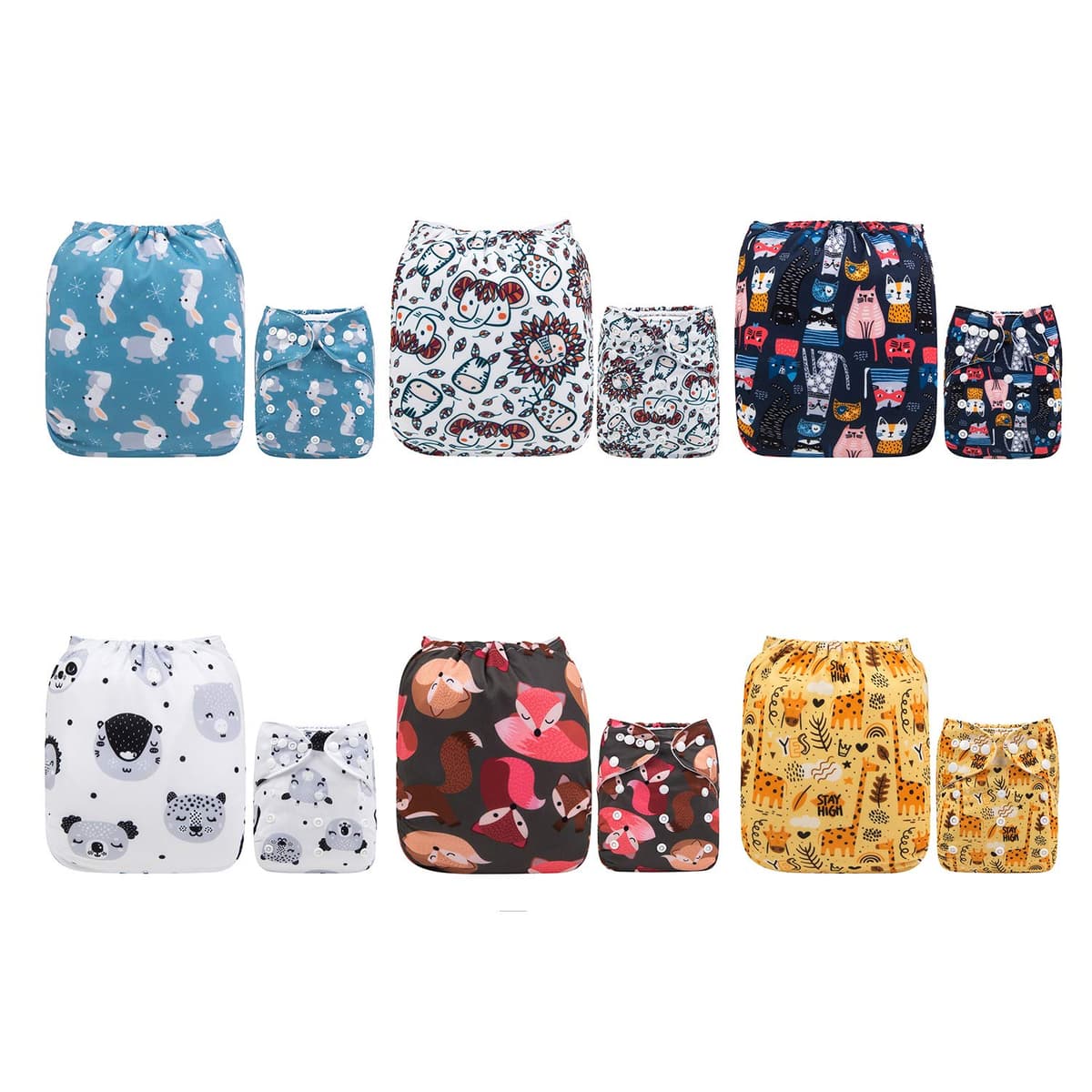 ALVABABY Pack 6pcs Pañales de tela ajustables y lavables de bolsillo + 12 insertos 6DM19-ES