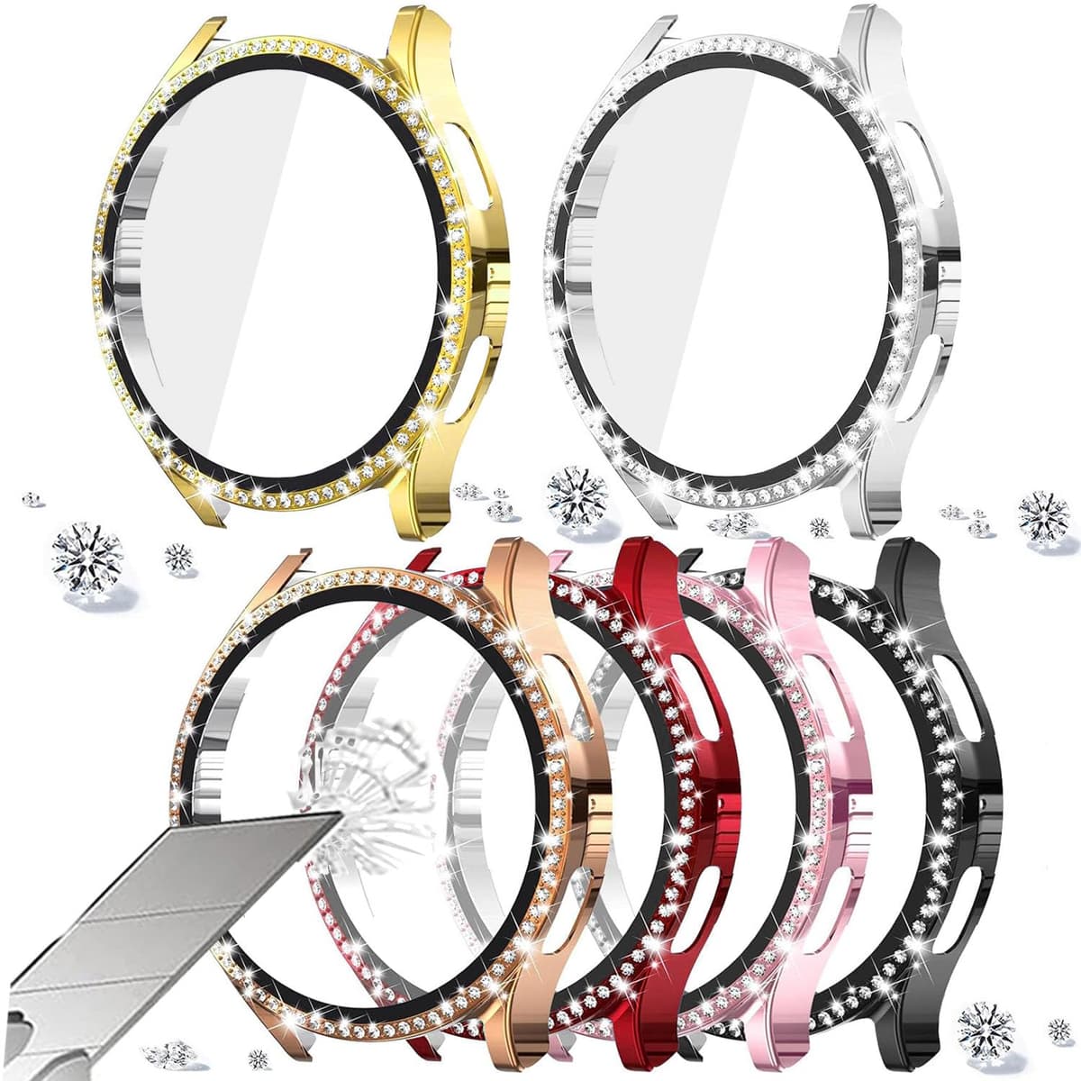 DEALELE [2-PACK] Case Compatible with Samsung Galaxy Watch FE / 5/4 40mm, Bling Double-row Diamond PC Protective Case Protector Cover, 40mm, Rose gold + Transparent — view 99