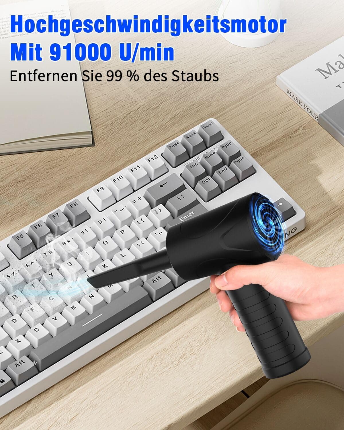 Soplador de Aire para pc, 3 Velocidades 91000 U/min Compressed Air Duster, USB Recargable Plumero Electrico Con batería de 6000mAh, Soplador Aire Comprimido para Laptop, Teclado, Coche — view 2