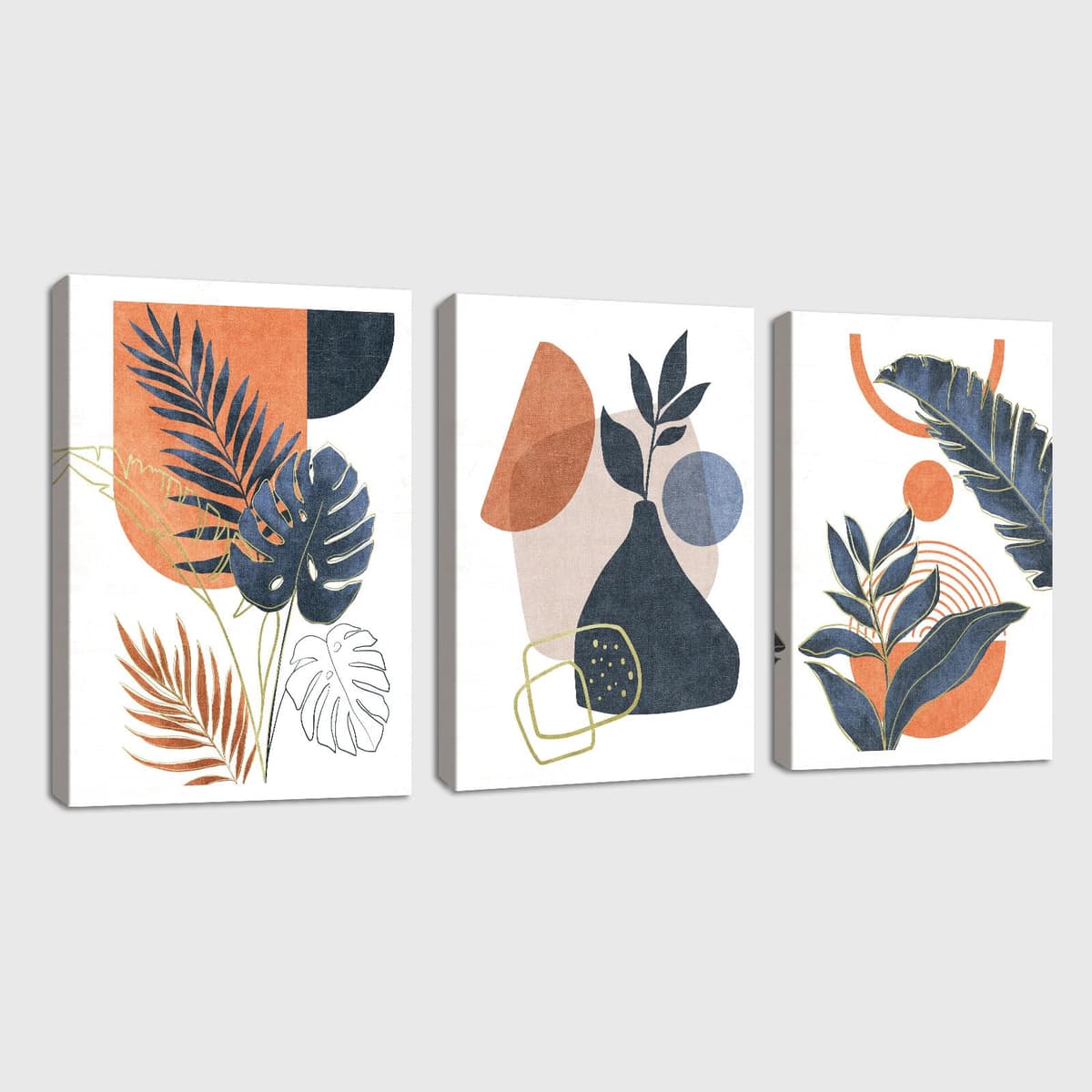 3Pcs Framed Boho Canvas Wall Art, Mid Century Blue Orange Geometric Abstract Plant Leaves Wall Art Modern Home Decor Poster Canvas Painting Wall Decor for Bedroom Living Room Ready to Hang 30x40cmx3