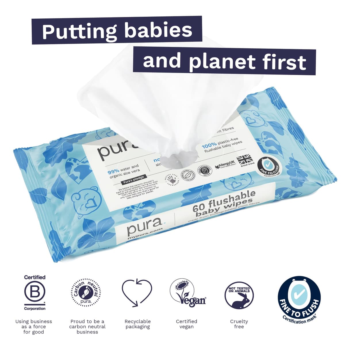 Pura Eco Flushable Baby Wipes - 1 Pack (60 Wipes) 100% Plastic Free, 99% Water, Suitable for Sensitive, Eczema Prone Skin, Newborn Baby & Toddlers, Biodegradable, Vegan, Potty Training — view 4