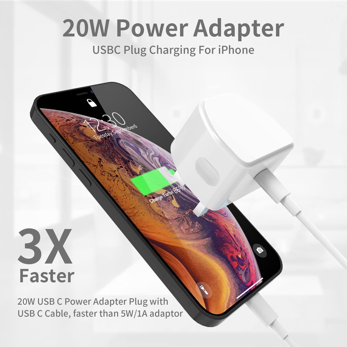 20W USB C Fast Charger With 2M Cable for iPhone 14/14 Plus/14 Pro/14 Pro Max/13 12 11 X XR XS SE 2020 8 7 6 6S Mini, Pad Pro, USBC PD Wall Charging Plug UK Type C Power Adapter and 6FT Cord — view 2