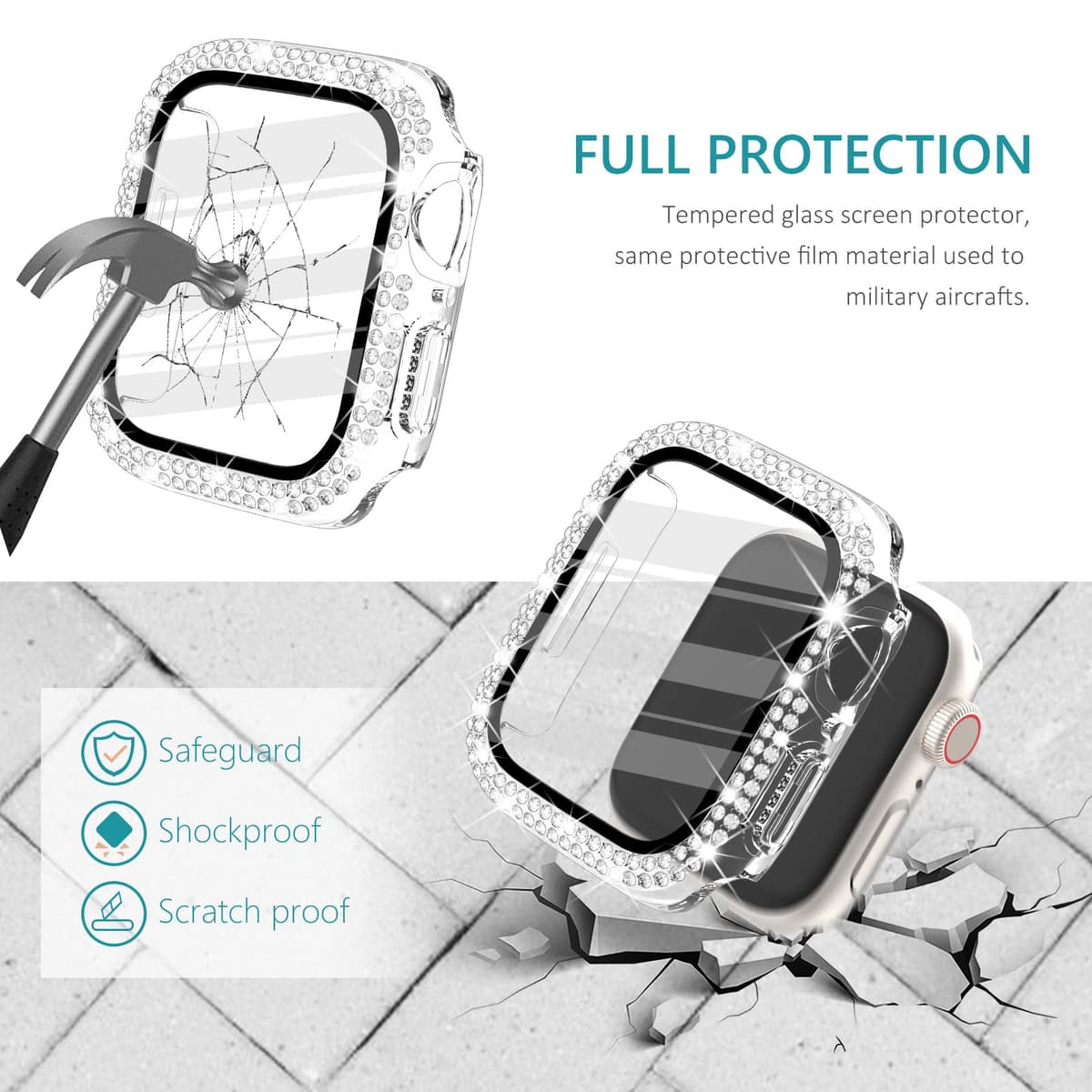WINGLE Compatible with Apple Watch Screen Protector 38mm Series 3 2 1, Women Shiny Diamond Cover with Tempered Glass Screen Protector for apple watch Case 38mm, Clear — view 6