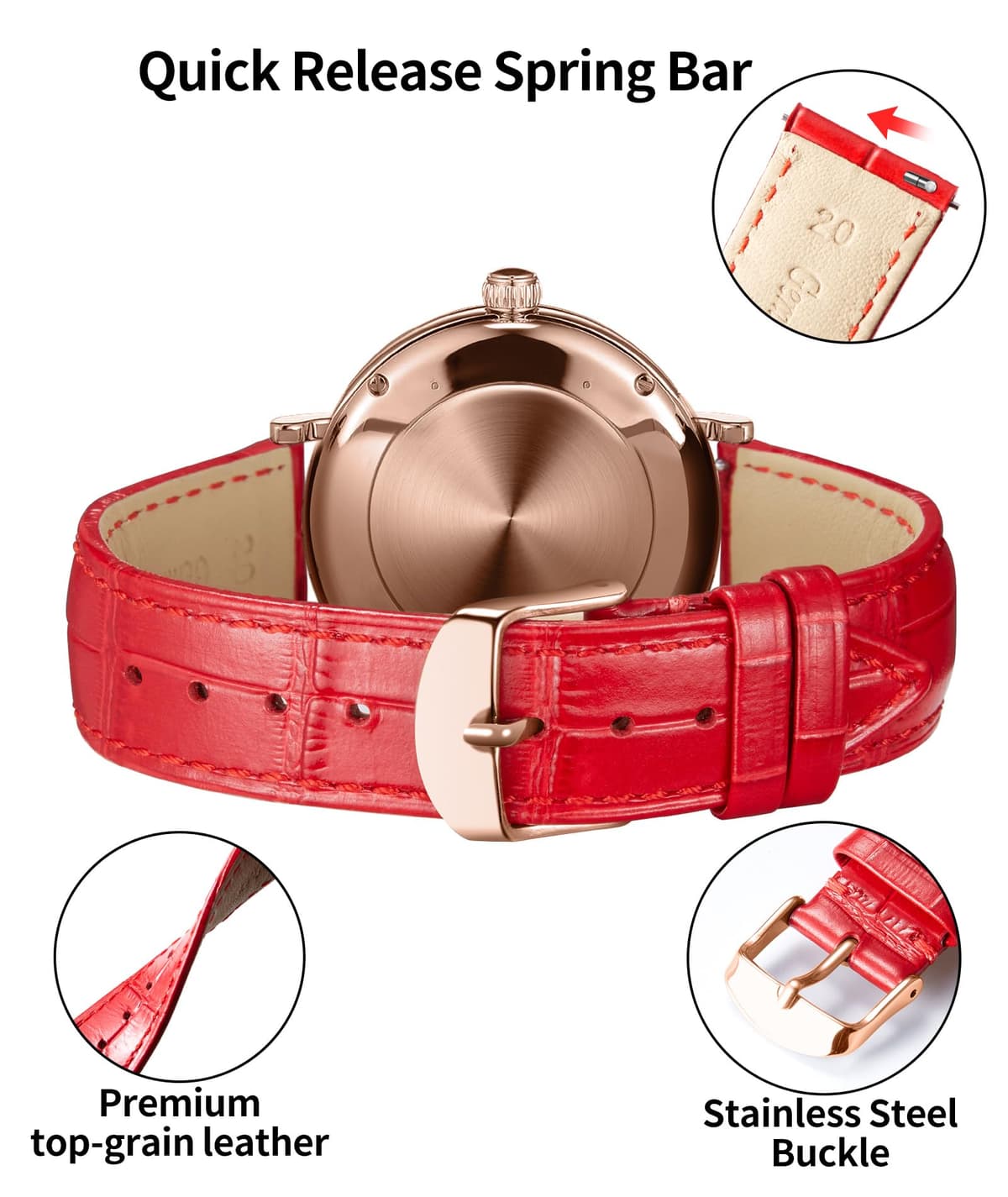 BINLUN Quick Release Leather Watch Straps Replacement Watch Bands Smart Watch Strap Crocodile Pattern in 10 Colors 13 Sizes with Silver/Gold/Rose-Gold Buckle for Men Women(10mm-24mm) — view 135