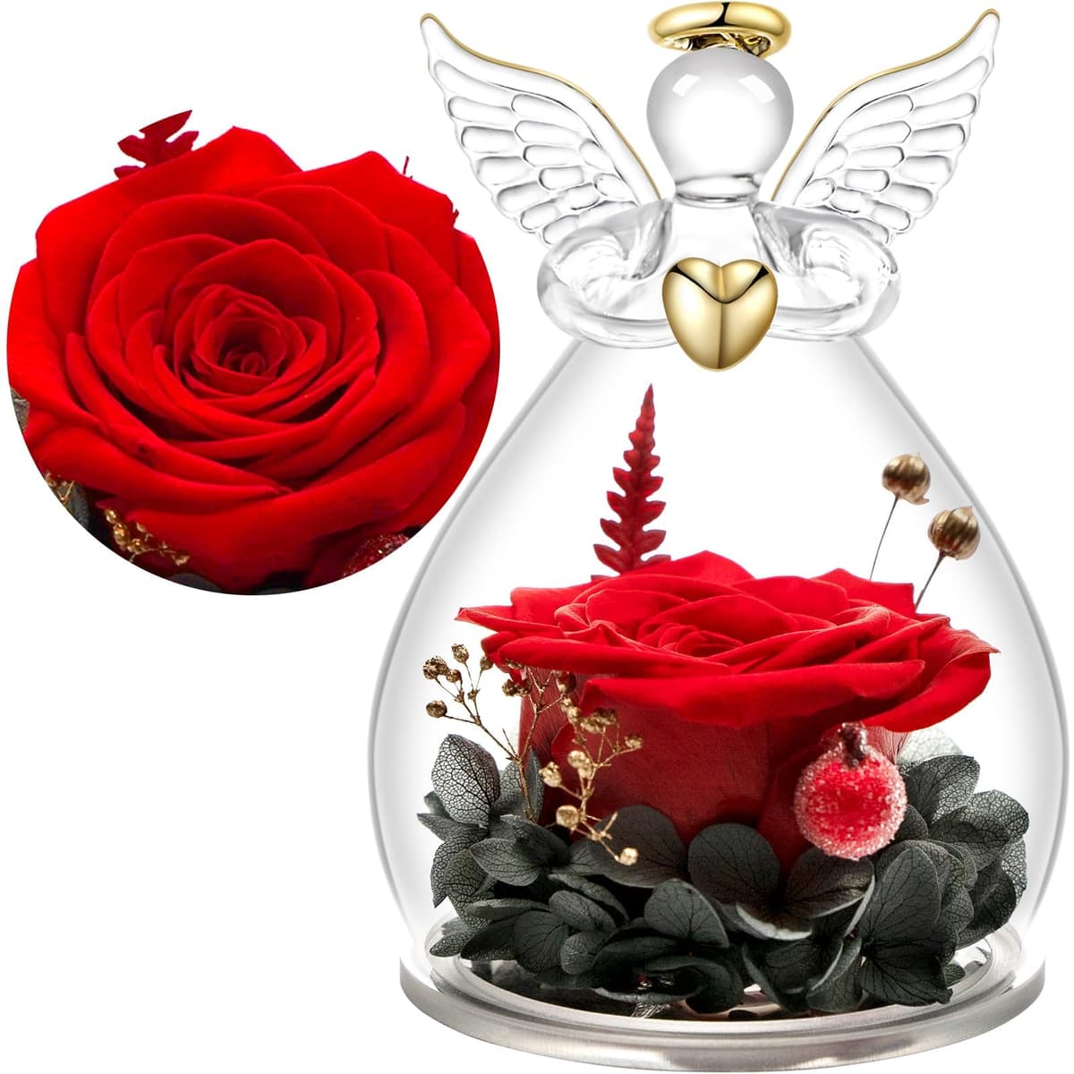 Yamonic Rosa Eterna Regalo Mujer,Rosa Eterna Natural Preservada con Figura Ángel Regalo Dia de la Madre, Flores Preservadas Regalos Cumpleaños Mujer Abuela, Regalos para mamá en el Día de la Madre