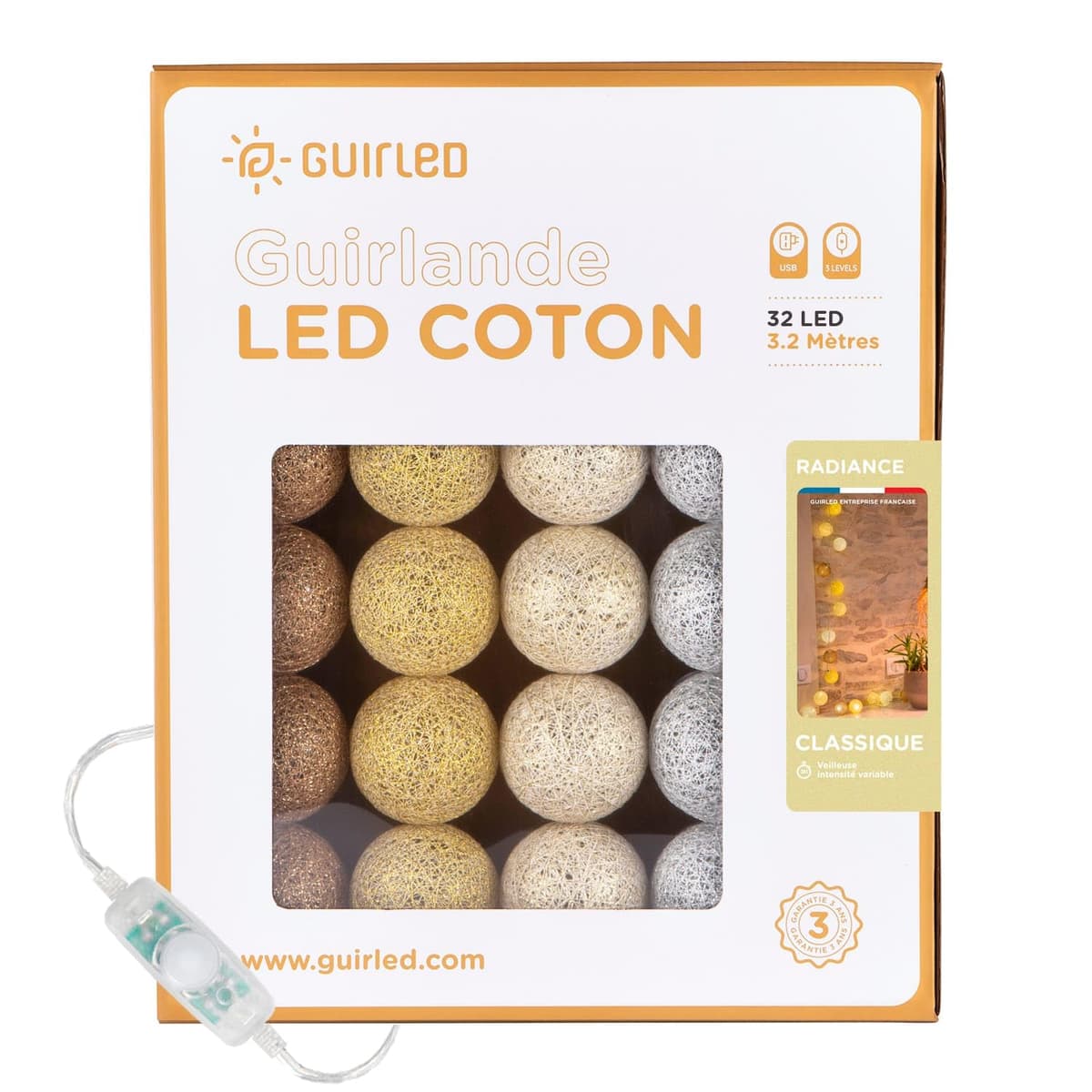 GuirLED - Guirnalda luminosa bolas de algodón LED USB- Luz de noche para bebé 2h - Adaptador de corriente dual USB 2A incluido - 3 intensidades - 16 bolas 1,6m - Byzantin — view 25