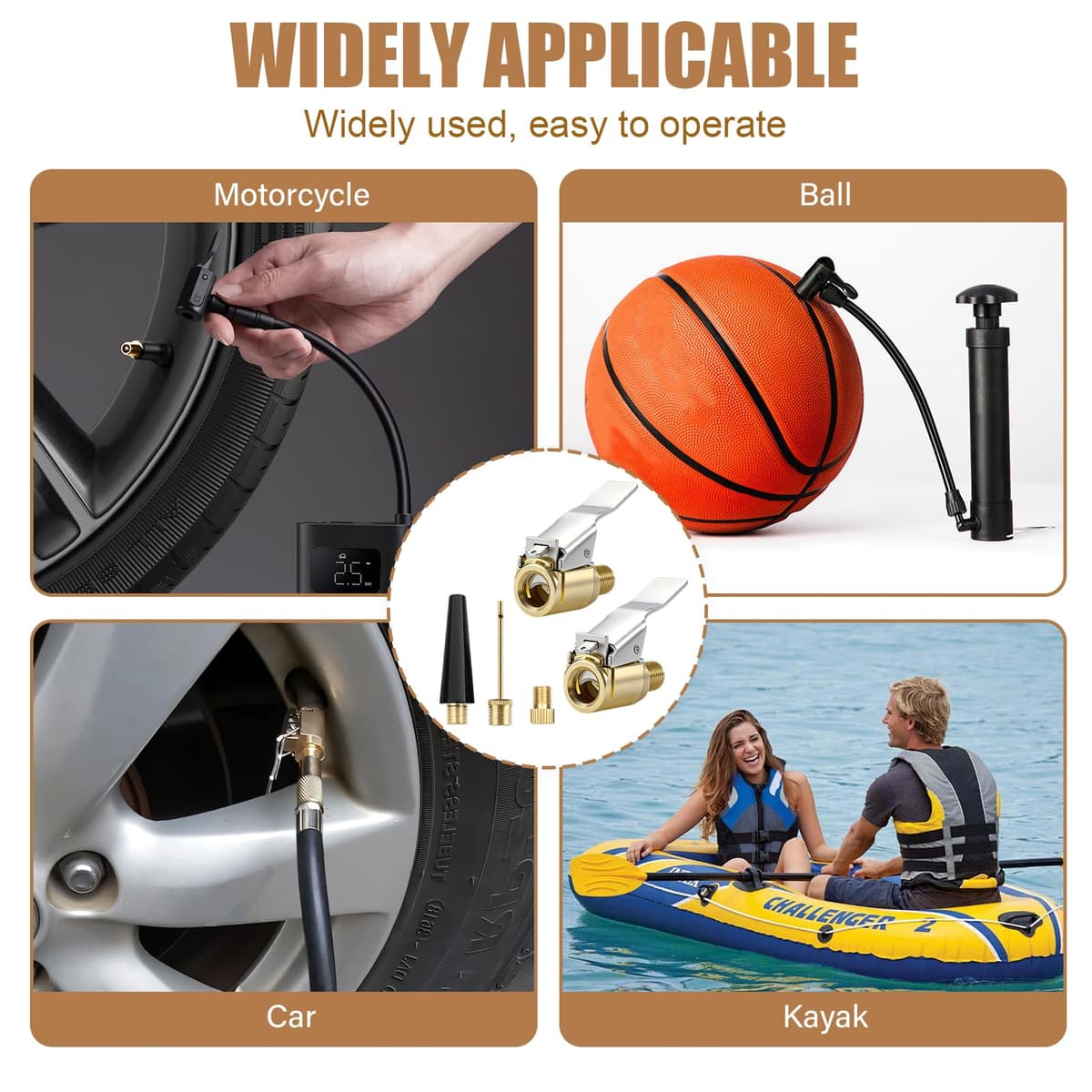 Juego de adaptadores de válvula, juego de adaptadores de válvula multifuncional, compatible con Bosch EasyPump. Válvula francesa en coche y aguja de bola para bicicleta, coche (latón) — view 5