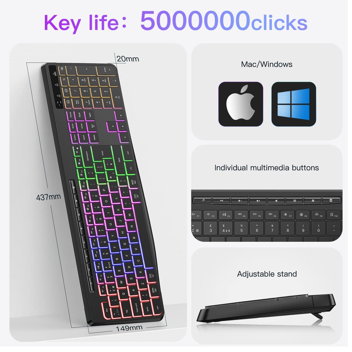 TECURS Wireless Keyboard QWERTY UK Layout, 2.4G Wireless Gaming Keyboard, LED Backlit, Ergonomic, Quiet, Rechargeable, Full Size Keyboard with Multimedia Keys for Computer/PC/Laptop/MAC/Windows — view 5