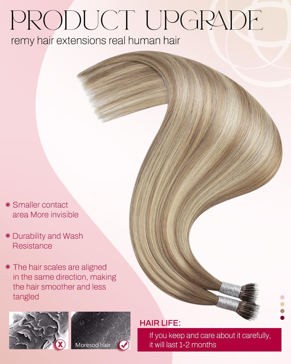 Moresoo Nano Hair Extensions Real Human Hair Balayage Light Brown with Medium Blonde Nano Beads Hair Extensions Light Brown Ombre 16 Inch Invisible Cold Fusion 1G/S 50G/Pack #8/22/8 — view 3