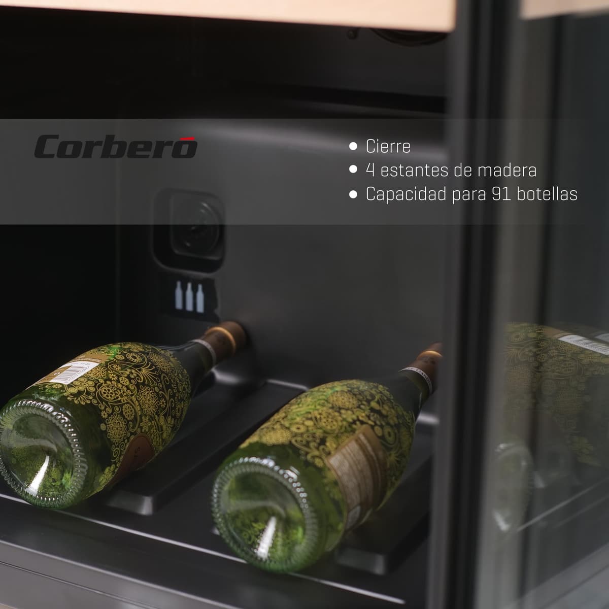 Corberó - Vinoteca CFKWC91SWDZ | 200L | 91 Botellas | Estático Con Ventilador | Doble Zona | Nevera para vino con Luz LED | 4 Estantes de Madera | 45Db | Negro Puerta Cristal — view 5