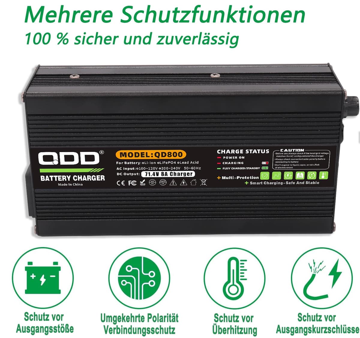 QDD Cargador 71.4V 8A para batería Li-ION 60V, carcasa de aluminio negro, salida CC, conector C13N+L-, compatible con baterías de litio 17S 60V — view 3