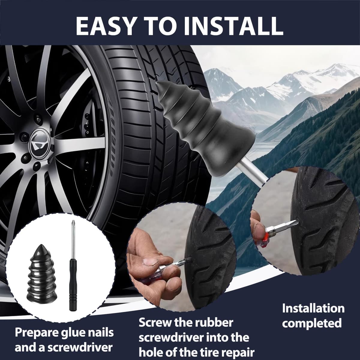 50 Pieces Car Puncture Repair Kit, Rubber Nails for Vacuum Tires with Screwdriver, Tyre Repair for Car, Motorcycle, Bicycle, Truck (25S + 25L) — view 3