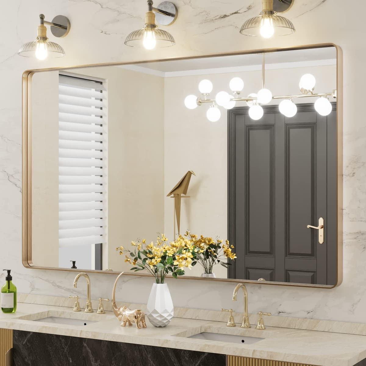 LOAAO 48”X36” Gold Bathroom Mirror, Rounded Rectangle Gold Frame Mirror, Brushed Gold Bathroom Vanity Mirror Wall-Mounted, Anti-Rust, Tempered Glass, Hangs Horizontally or Vertically — view 33