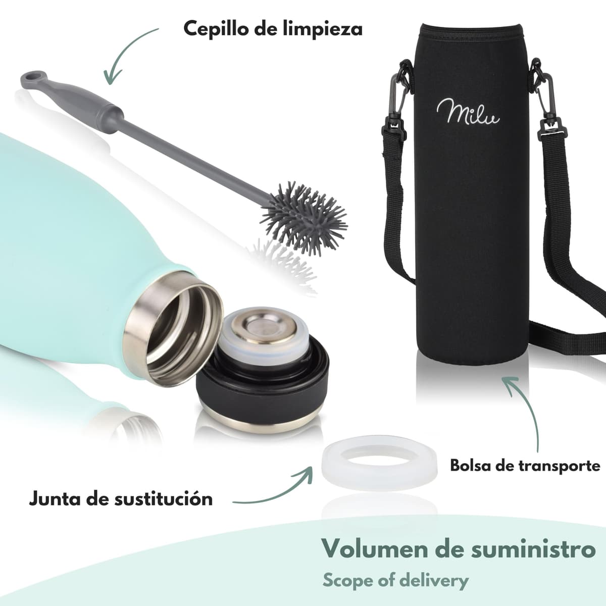 Milu Botella de acero inoxidable de 350ml 500ml 750 ml 1 L 1,5 L botella de agua aislada, termo a prueba de fugas, doble pared, apta para ácido carbónico + cepillo de limpieza (Azul Violeta, 350ml) — view 102