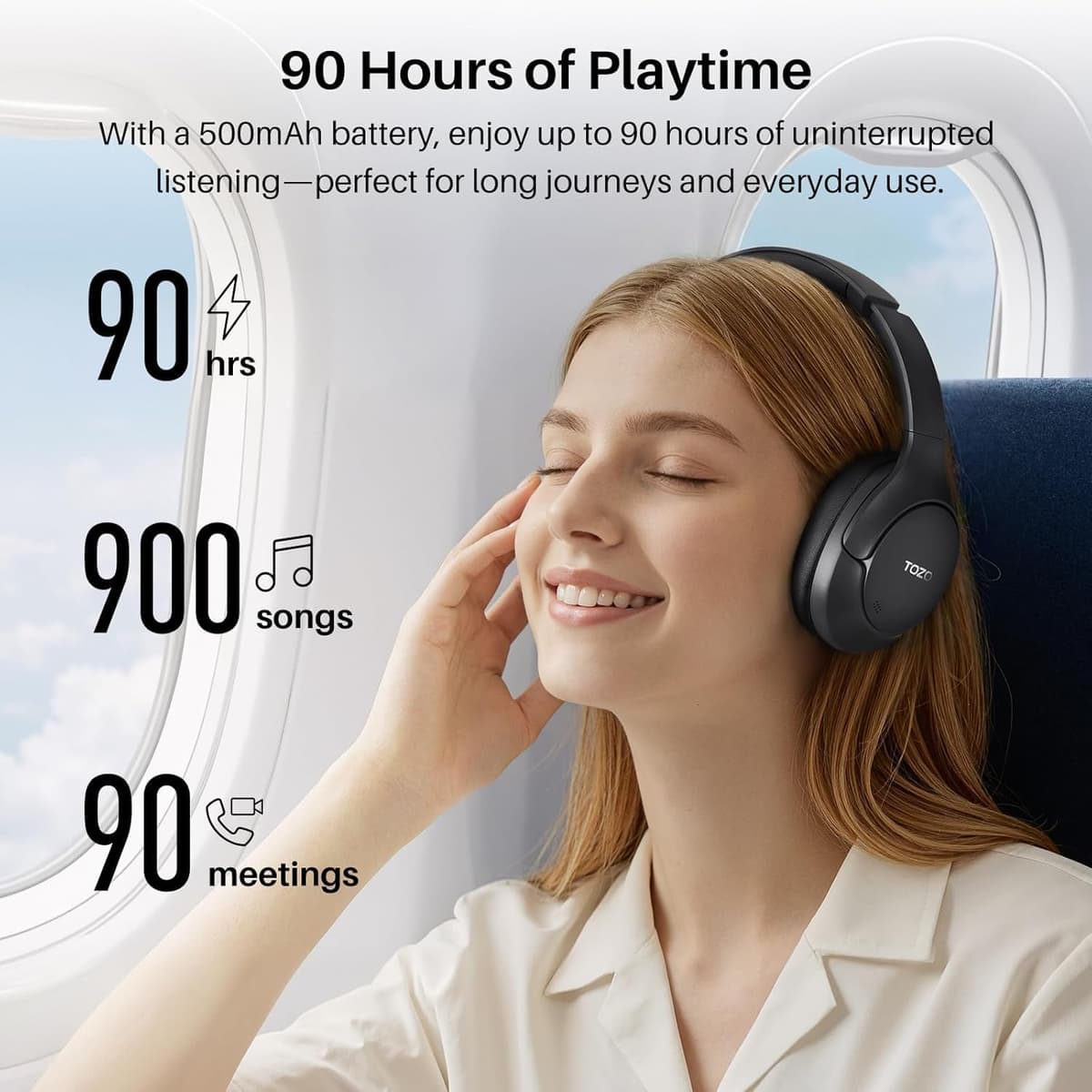 TOZO HT3 Bluetooth Headphones, Active Noise Cancelling with 5-Mic AI Chat, Wireless Over Ear Bluetooth, Hi-Res Audio, 90H Playtime, Transparency Mode, Dual Bluetooth Connection, 32 EQ Modes — view 6