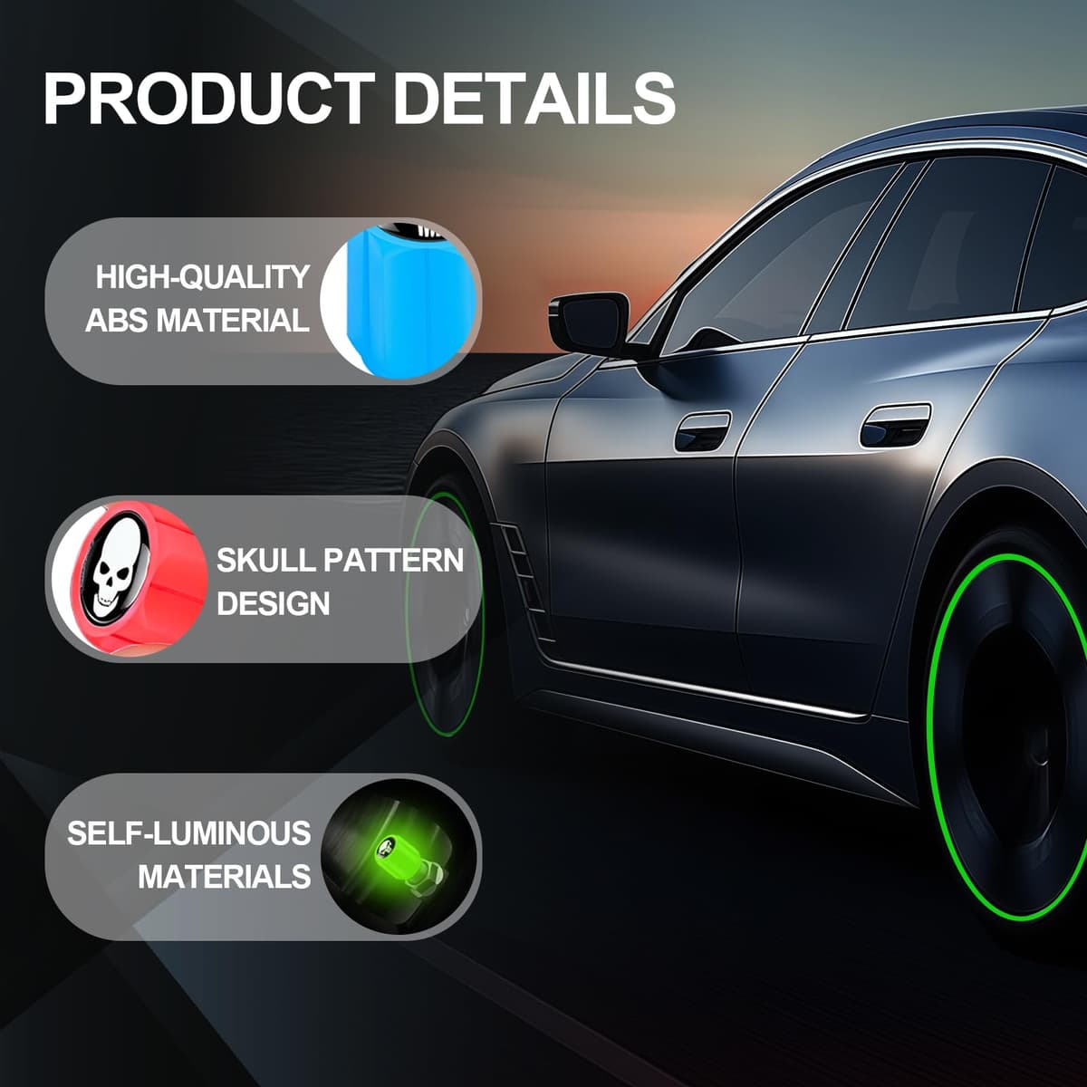 12PCS Fluorescent Tyre Valve Caps (3 Colours), Glow in The Dark Dust Caps for Car Tyres, Universal Tire Valve Cap Set for Car, SUV, Truck, Motorcycle, Tyre Decoration — view 3