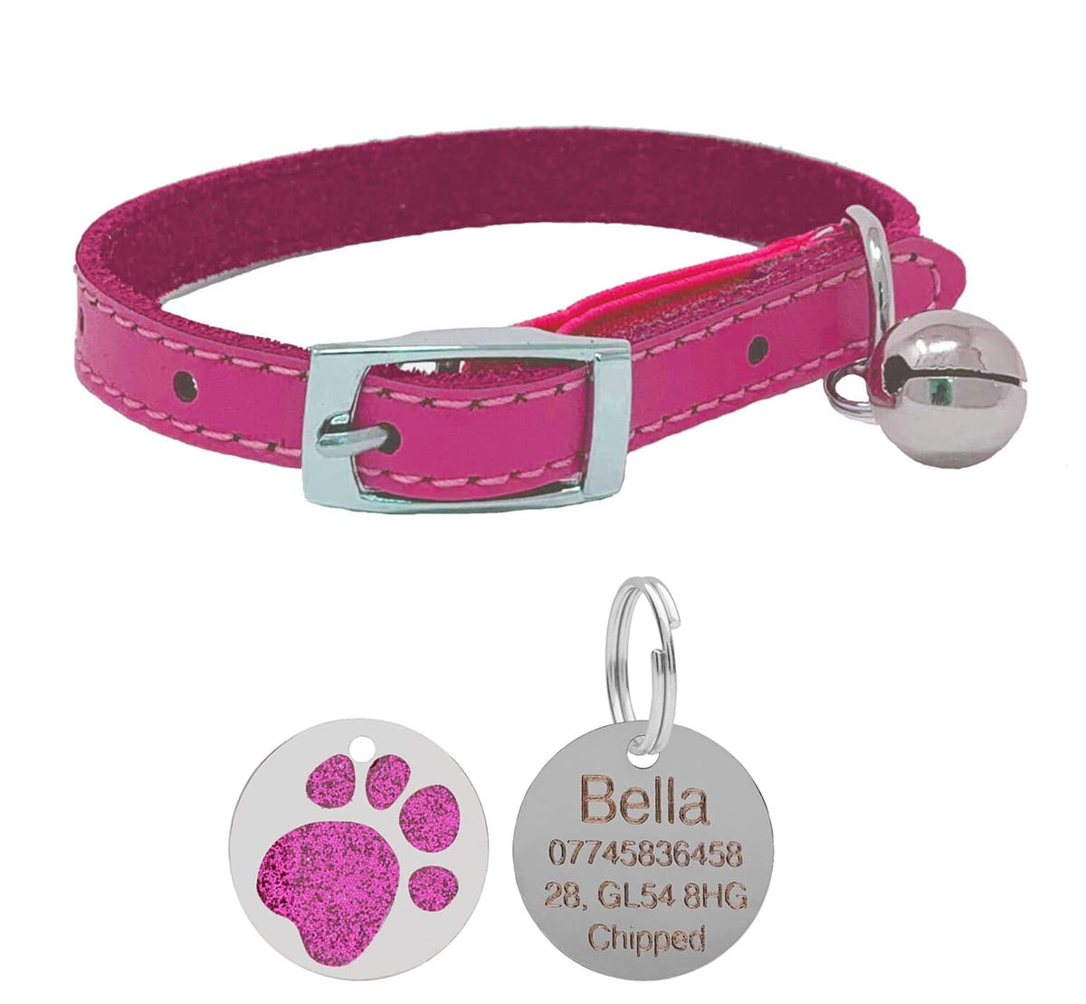Genuine Leather Cat Collar with Safety Elastic & Bell with Optional Personalised Engraved Tag (Pink, 25mm Glitter Paw Tag) — view 2