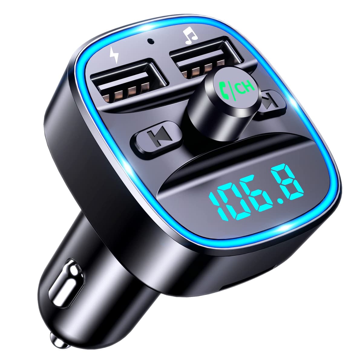 Mohard Transmisor FM Bluetooth Coche, Manos Libres Adaptador Bluetooth Coche Mechero, Musica Radio Inalámbrico Reproductor MP3, Puertos USB Duales (5V/2.4A & 1A), Soporte Unidad Flash USB y Tarjeta TF
