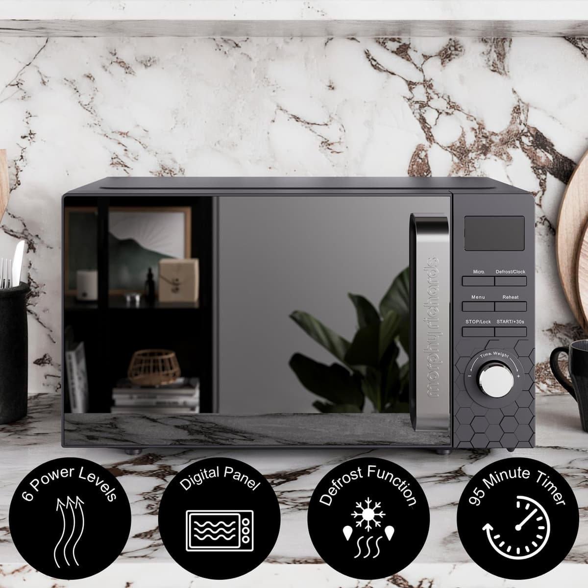 Morphy Richards Cassini Digital Glass Microwave, 20L Capacity, Stainless Steel Inner Cavity, 6 Power Levels, Defrost, 95 Minute Timer, 24.5cm Glass Turntable, Easy Clean, 800W, Moonless Night, 511420 — view 2