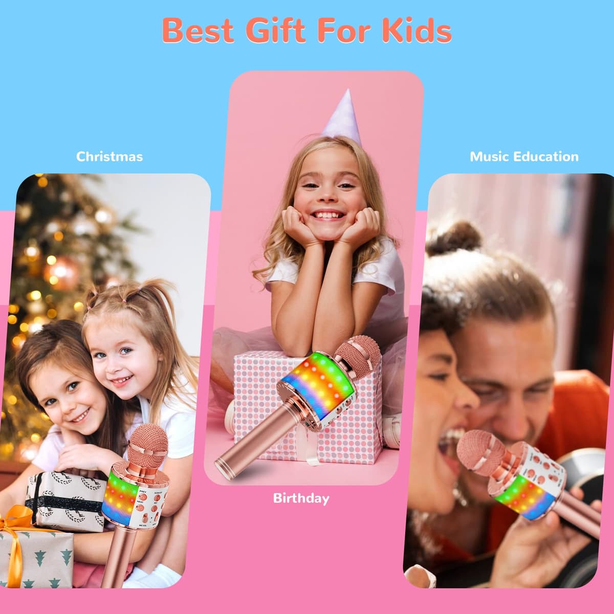 Ankuka Micrófono Karaoke Bluetooth Micrófono Inalámbrico para Niña con Luces LED Regalo Juguetes para Niños, Cambiador de Voz, Compatible con Android, iOS, PC Oro Rosa — view 7