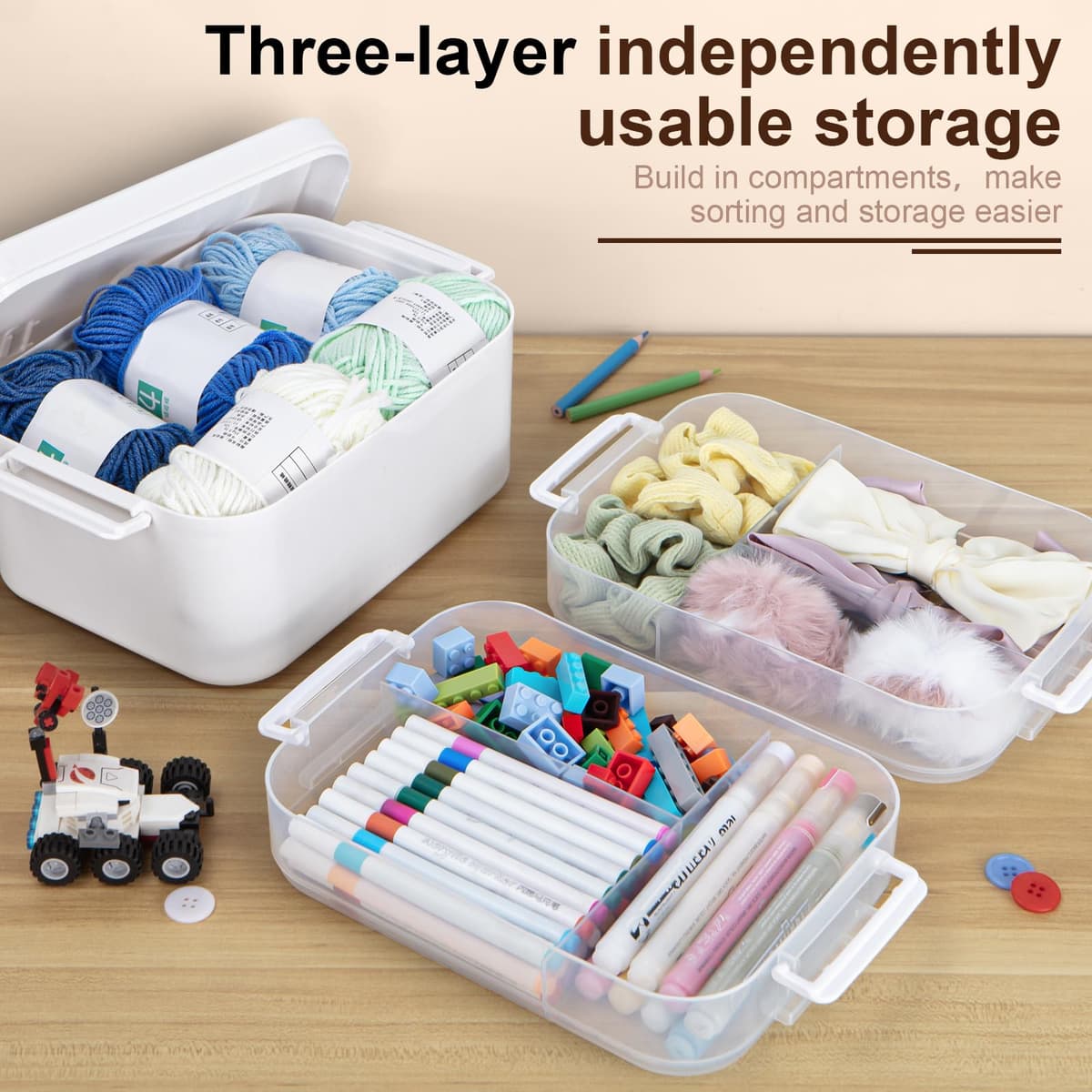Creahaus 3 Layers Multipurpose Storage Box Organiser with Removable Trays, Stackable Art Craft Storage Box Case with Handle, Portable Medicine Box Storage Containers for Sewing, Arts, Crafts — view 3