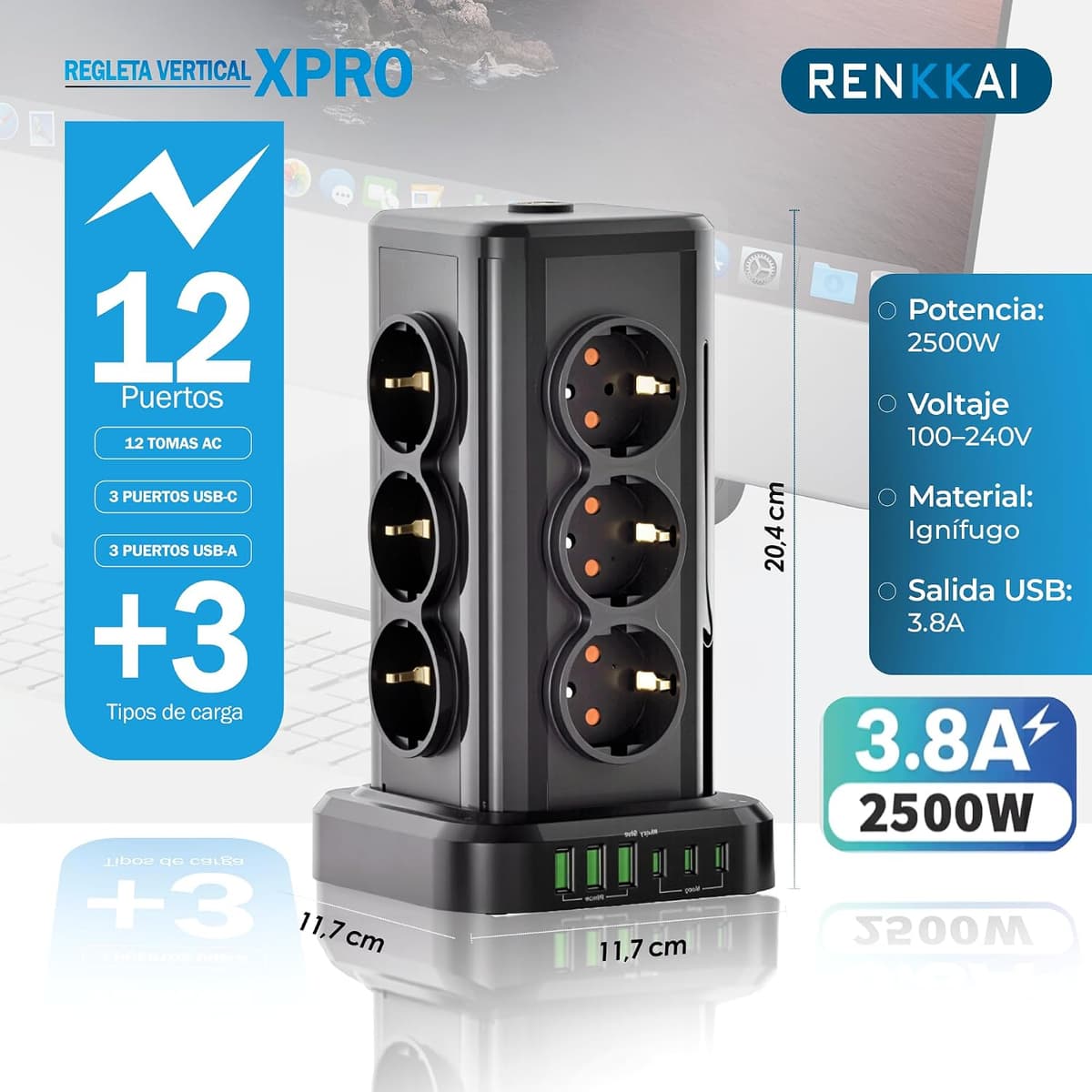 Power Strips Sockets 18 Ports with Switch | Extension Cable | Power Strip Plugs with USB | USB 3 + 3 Ports USB Type C | Multiple Plug | Tower Sockets Vertical | 3 M Cable