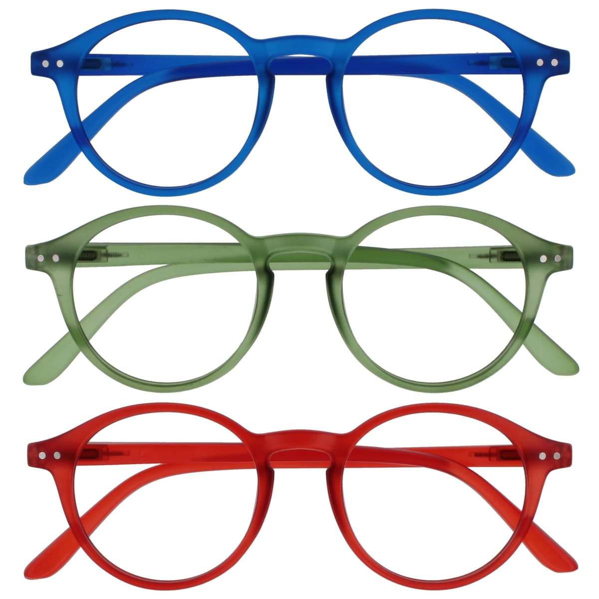 OPULIZE REY Gafas de Lectura - Pack de 3 - Montura Redonda Retro - Azul Mate, Verde, Rojo - Hombre Mujer - Bisagras de Muelle - RRR56-36Z - +1.00