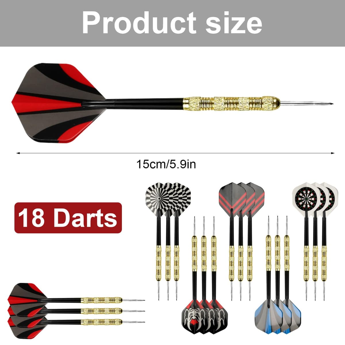 18 Piezas Dardos con Punta de Metal, Punta Acero Darts, Juego de Dardos con Caña y Plumas, para Principiantes y Aficionados, Incluye Piedra para afilar Dardos y Funda para Dardos — view 2