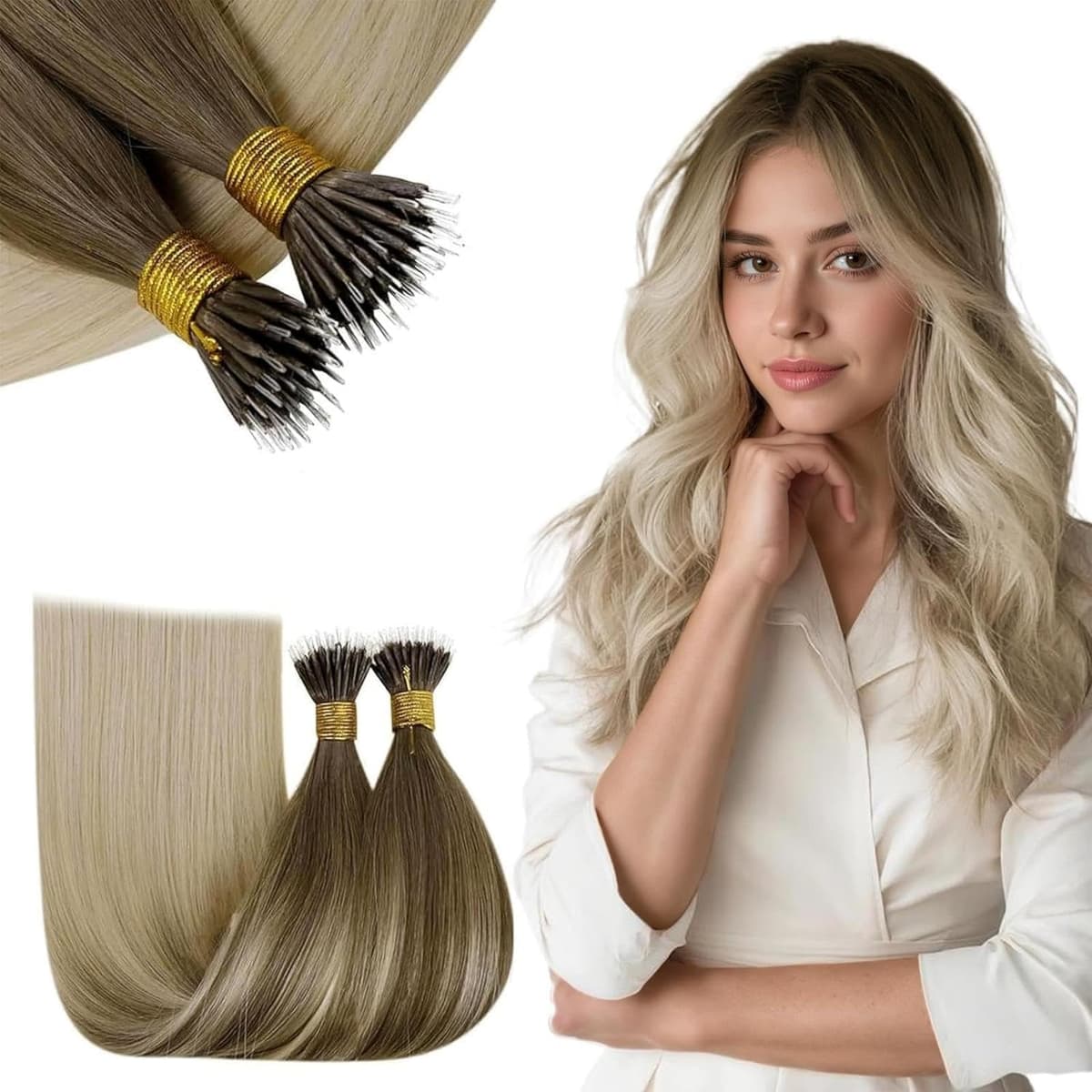 RUNATURE 18 Inch Nano Beads Hair Extensions Real Human Hair Ice Blonde Nano Hair Extensions Real Human Hair White Blonde Invisible Nano Rings Straight Remy Hair 50g 50s #800 — view 57