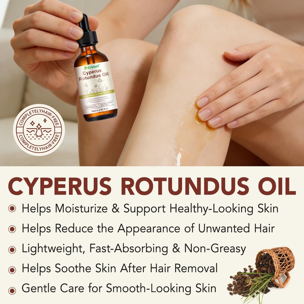 Cyperus Rotundus Oil, Aceite de Cyperus Rotundus 60 ml, Reduce el crecimiento del exceso de pelo en el cuerpo, hidrata y calmante la piel (1PC, 60ml) — view 3