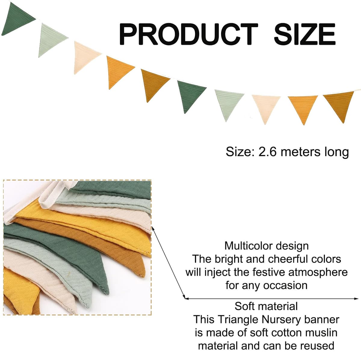 Fabric Bunting Banner, Triangle Fabric Bunting Banner, Double-Sided 2.6M Long Washable and Reusable Bunting Fabric, for Baby Baptism, Bedroom, Party, and Kindergarten Decoration(Morandi Green) — view 2