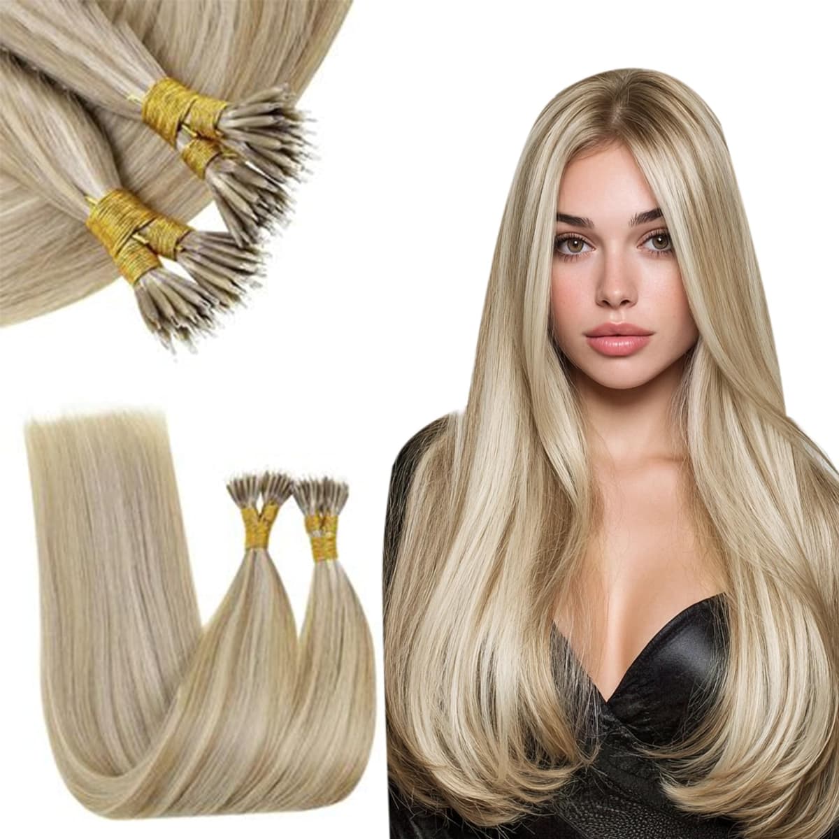 RUNATURE 18 Inch Nano Beads Hair Extensions Real Human Hair Ice Blonde Nano Hair Extensions Real Human Hair White Blonde Invisible Nano Rings Straight Remy Hair 50g 50s #800 — view 38