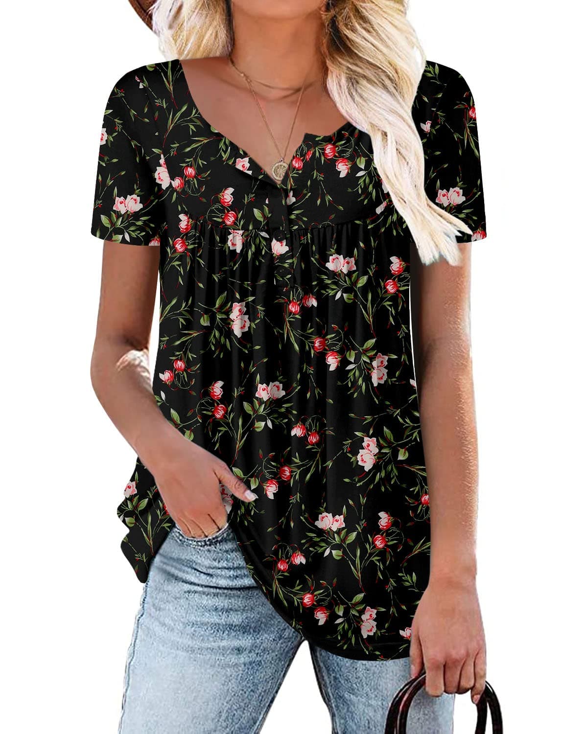 KISSMODA Ladies Pleated Tunic Tops for Women Buttons up Long Sleeve Shirts Floral Print — view 11