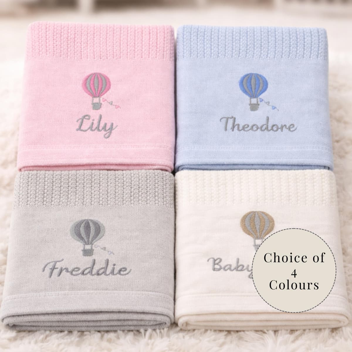 Personalised Cellular Baby Blanket with Embroidered Name – 100% Cotton Soft Breathable Newborn Blanket, Pram Crib Moses Basket Blanket, Hot Air Balloon Design, 70x110cm (4 Colours) (Grey) — view 4